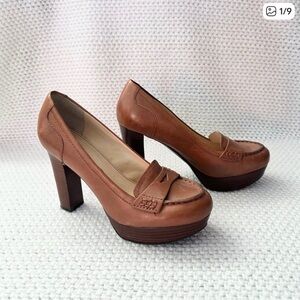 Marc Fisher Keeps Brown Tan Leather Platform Penny Loafer Stacked Heel Pump 6.5